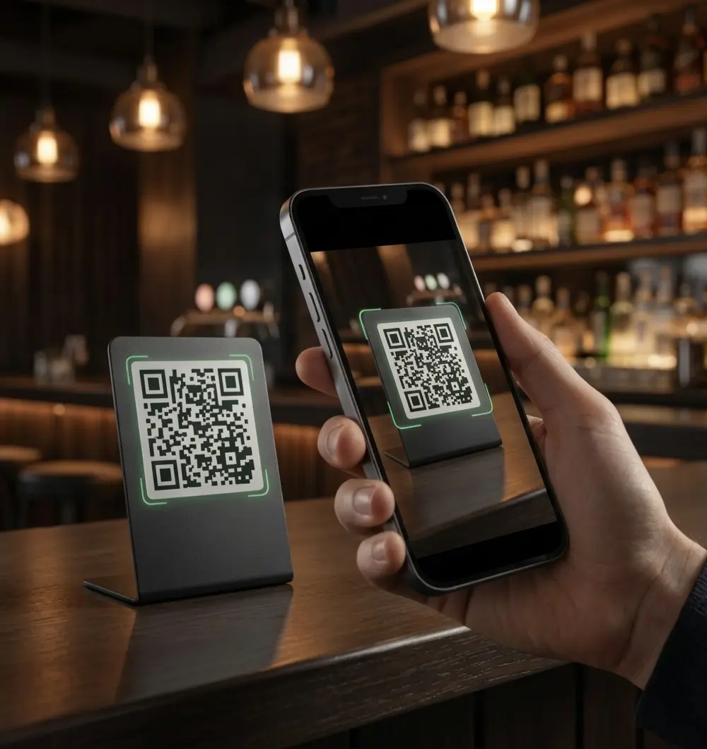 Customer scanning a QR code to order food at a restaurant table